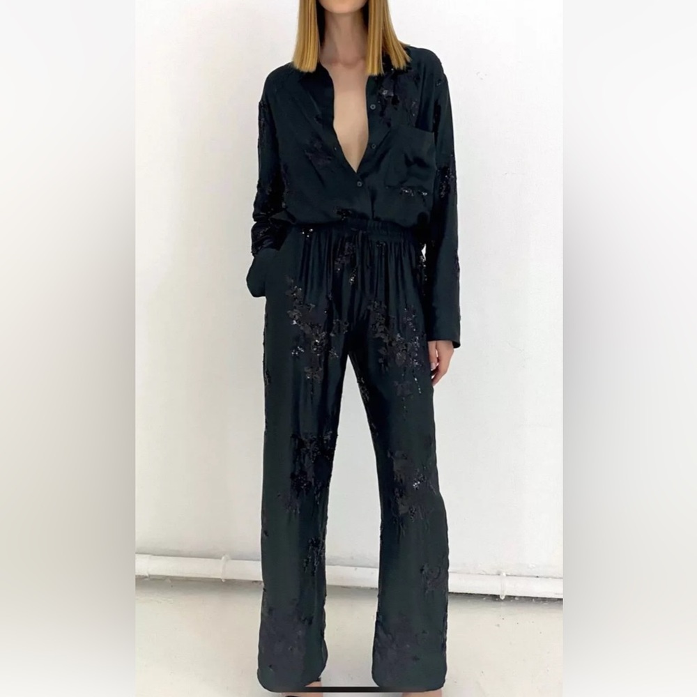 Zara NWOT black sequin satin matching 2 piece set - button shirt & pants - Picture 5 of 15